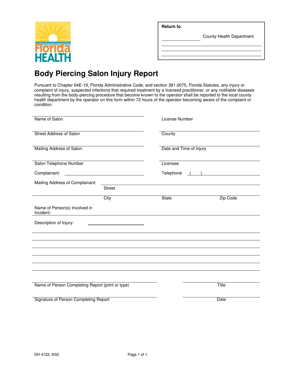Form DH4122 Body Piercing Salon Injury Report - Florida, Page 1