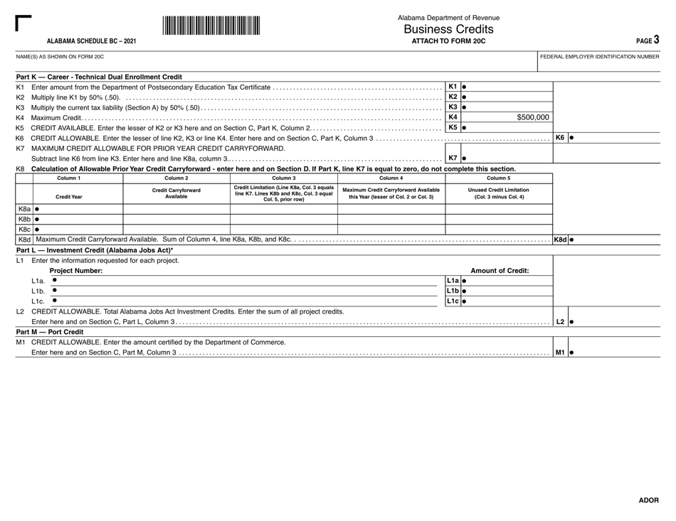 Form 20C Schedule BC Business Credits - Alabama, Page 3