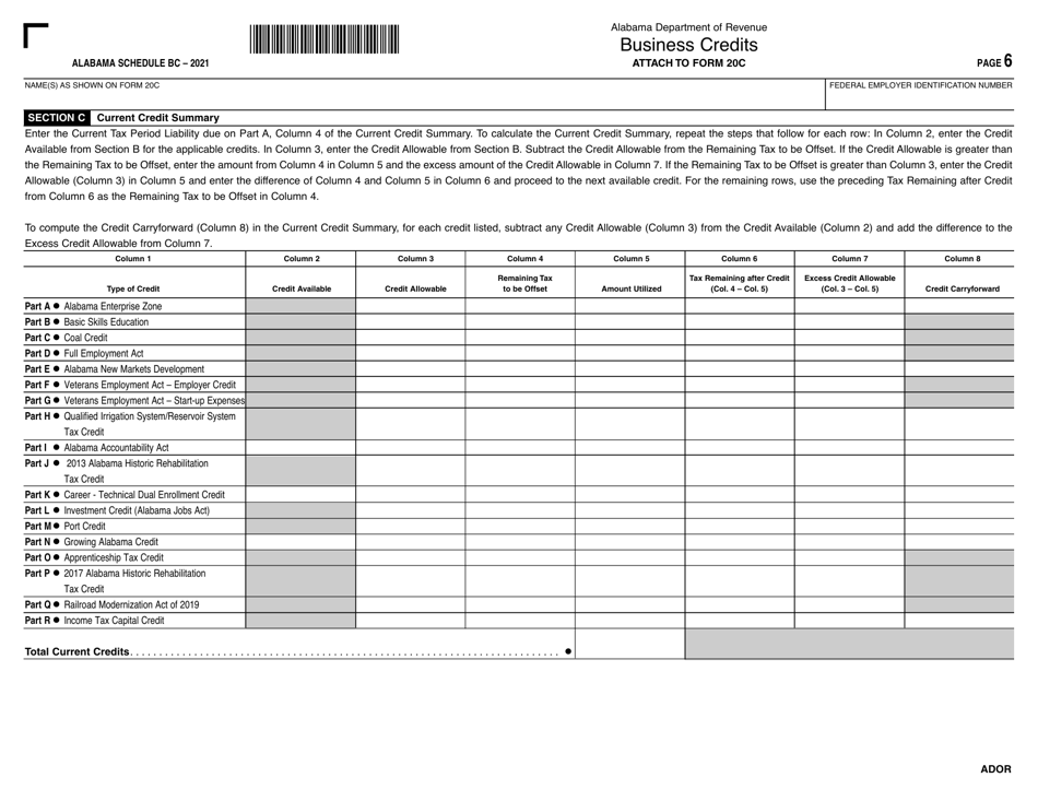 Form 20C Schedule BC Business Credits - Alabama, Page 6