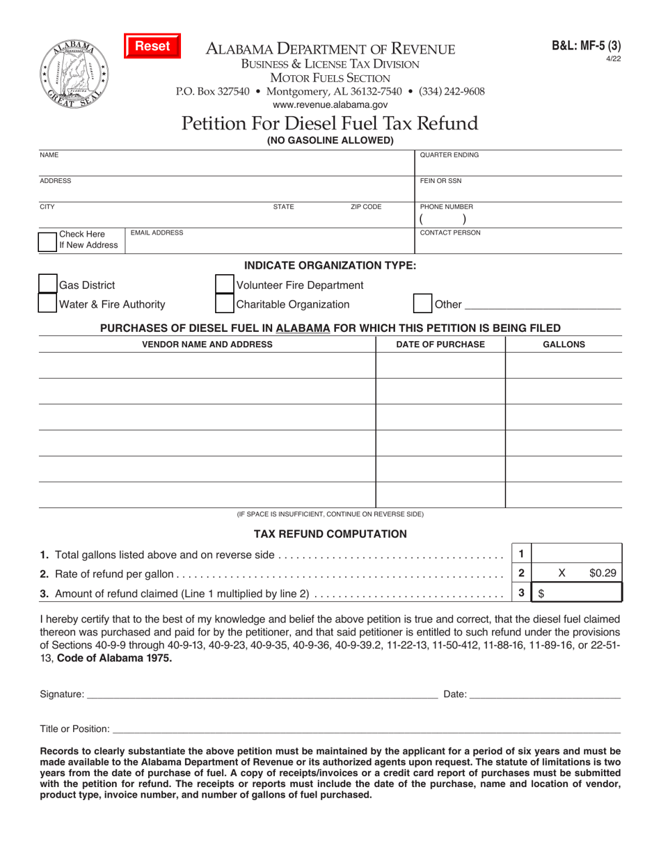 Form BL: MF-5 (3) Petition for Diesel Fuel Tax Refund - Alabama, Page 1