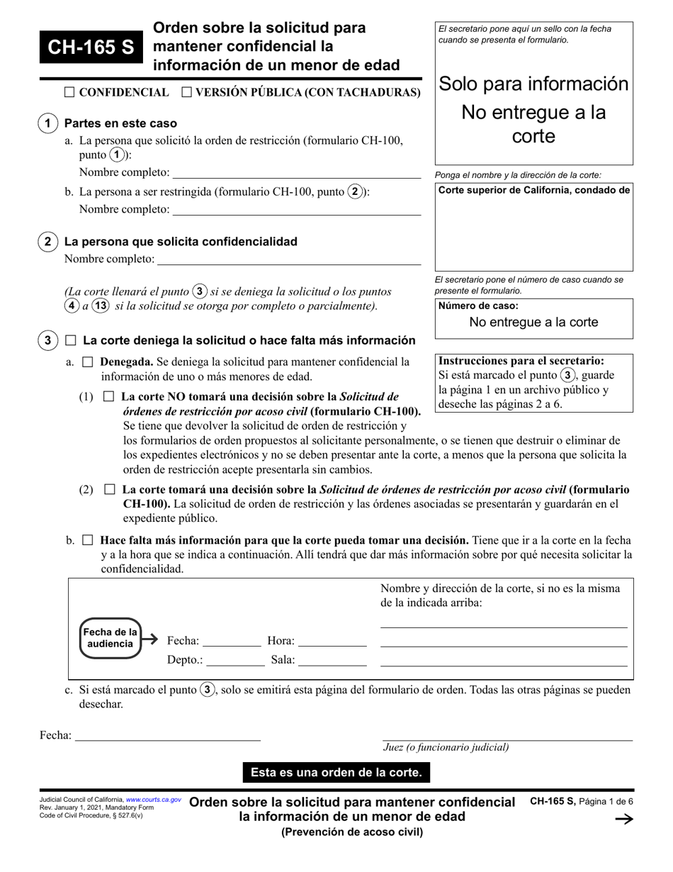 Formulario CH-165 Orden Sobre La Solicitud Para Mantener Confidencial La Informacion De Un Menor De Edad - California (Spanish), Page 1