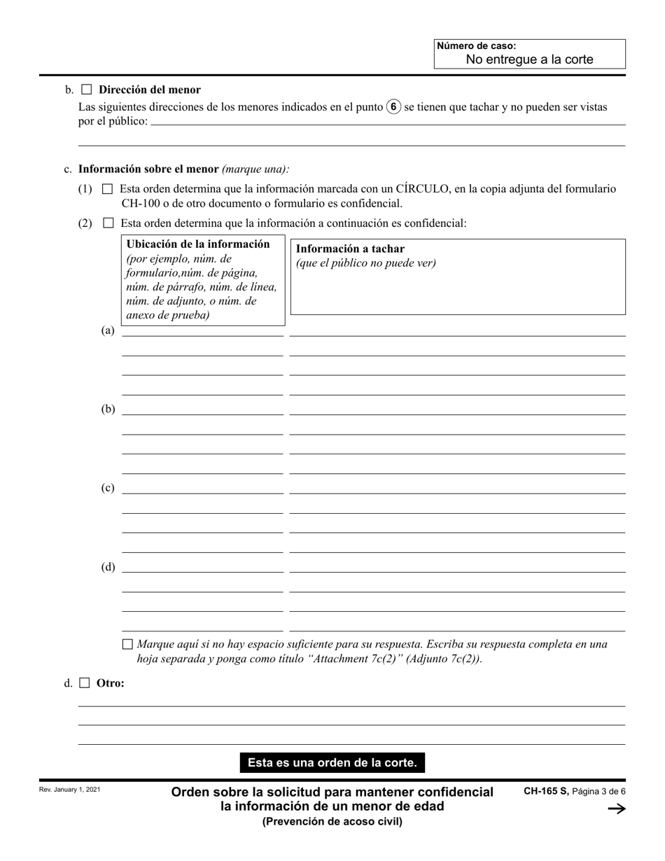 Formulario CH-165 Orden Sobre La Solicitud Para Mantener Confidencial La Informacion De Un Menor De Edad - California (Spanish), Page 3