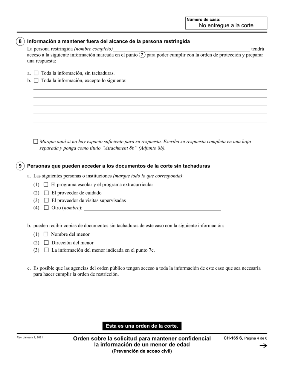 Formulario CH-165 Orden Sobre La Solicitud Para Mantener Confidencial La Informacion De Un Menor De Edad - California (Spanish), Page 4