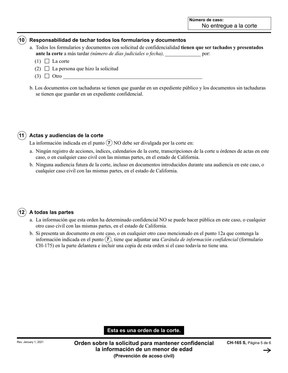 Formulario CH-165 Orden Sobre La Solicitud Para Mantener Confidencial La Informacion De Un Menor De Edad - California (Spanish), Page 5