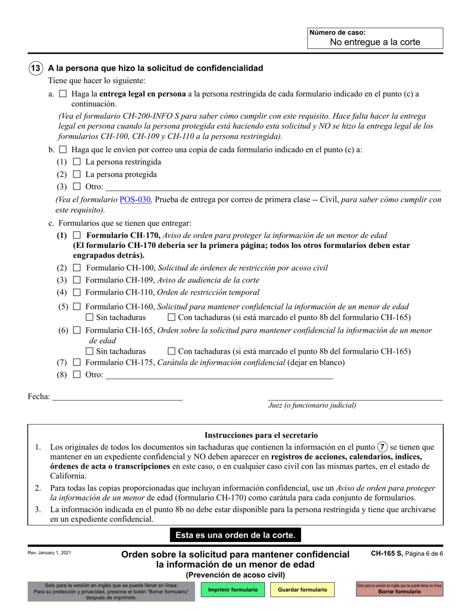 Formulario CH-165 Orden Sobre La Solicitud Para Mantener Confidencial La Informacion De Un Menor De Edad - California (Spanish), Page 6