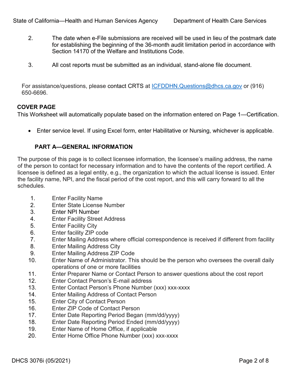 Instructions for Form DHCS3076 Medi-Cal Program Cost Report - Intermediate Care Facility for the Developmentally Disabled - California, Page 2