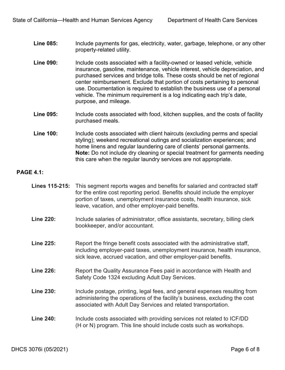 Instructions for Form DHCS3076 Medi-Cal Program Cost Report - Intermediate Care Facility for the Developmentally Disabled - California, Page 6