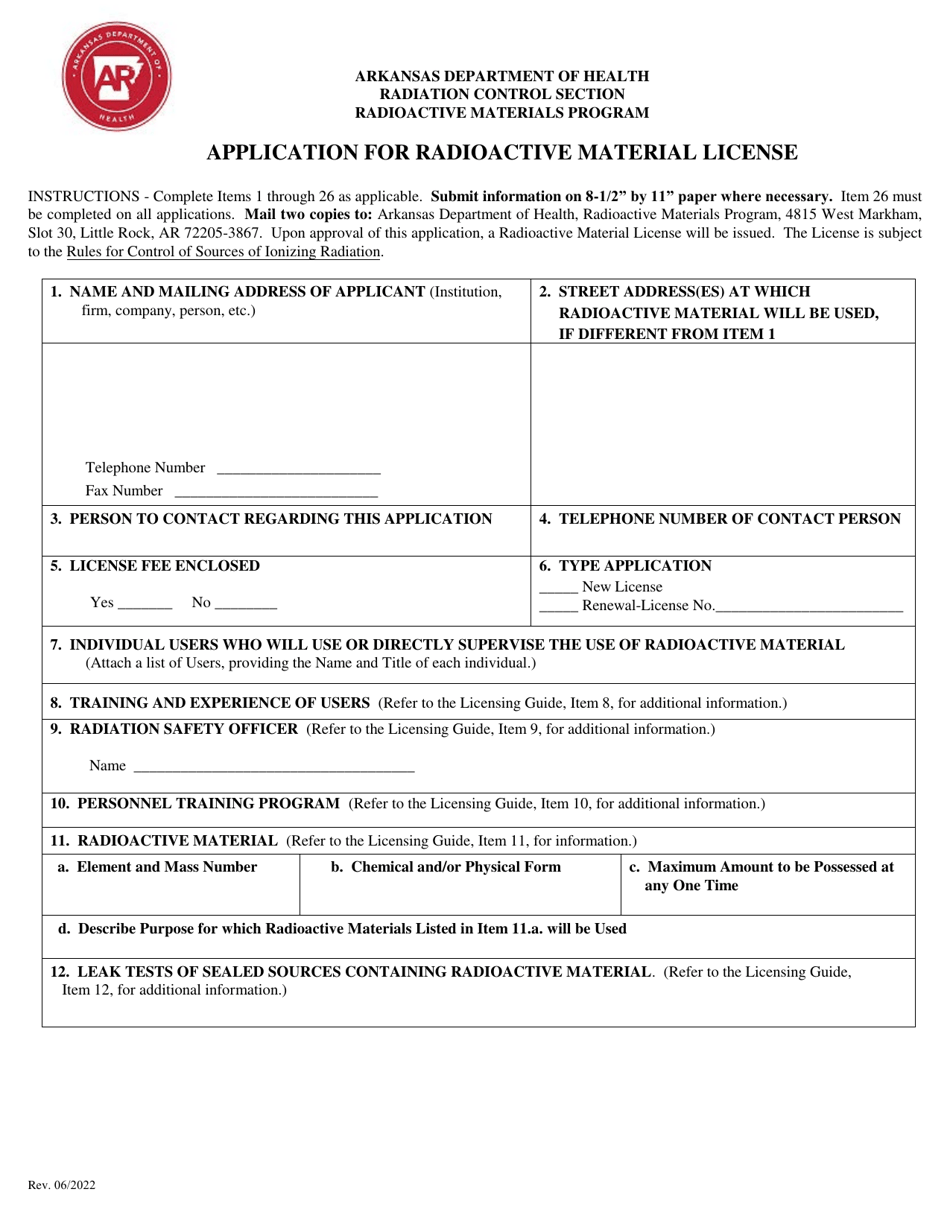 Application for Radioactive Material License - Arkansas, Page 1