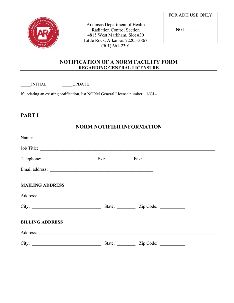 Notification of a Norm Facility Form Regarding General Licensure - Arkansas, Page 1