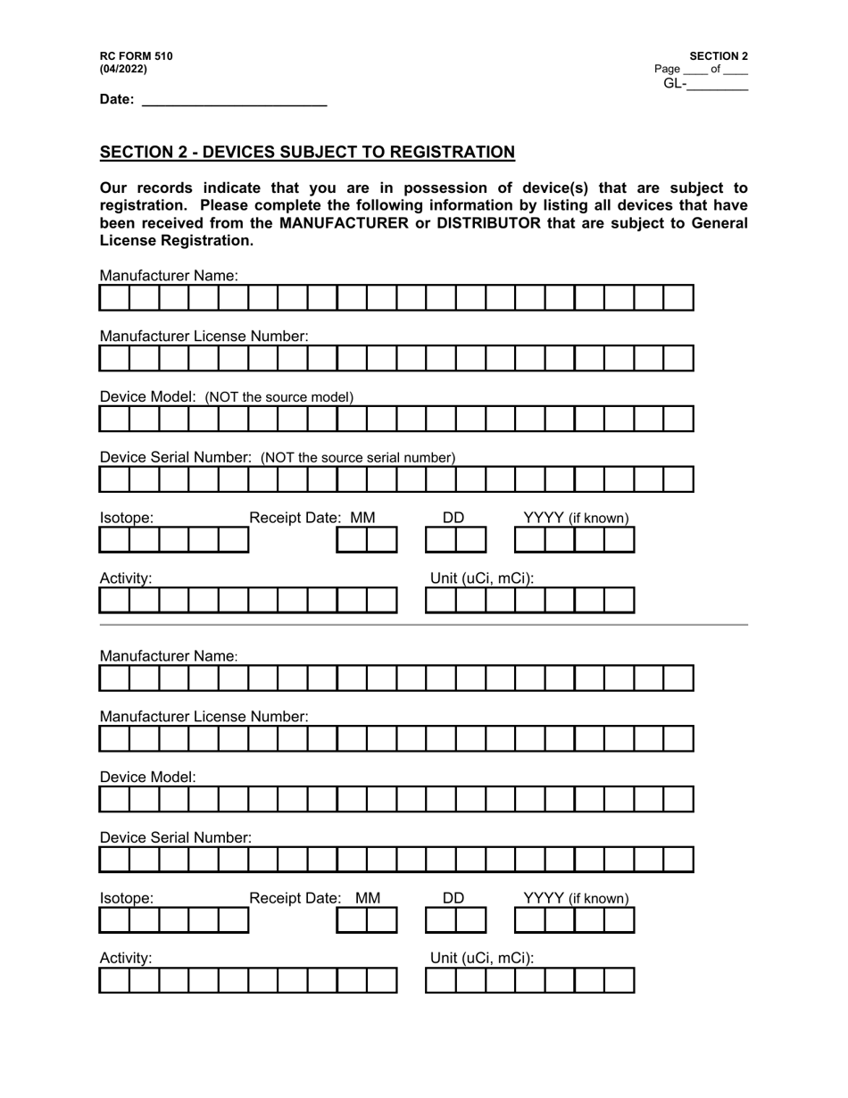 RC Form 510 Registration of Generally Licensed Devices - Arkansas, Page 5