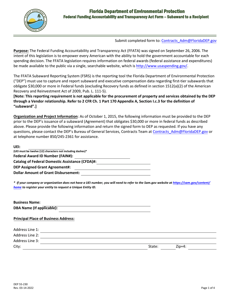 DEP Form 55-230 Federal Funding Accountability and Transparency Act Form - Subaward to a Recipient - Florida, Page 1