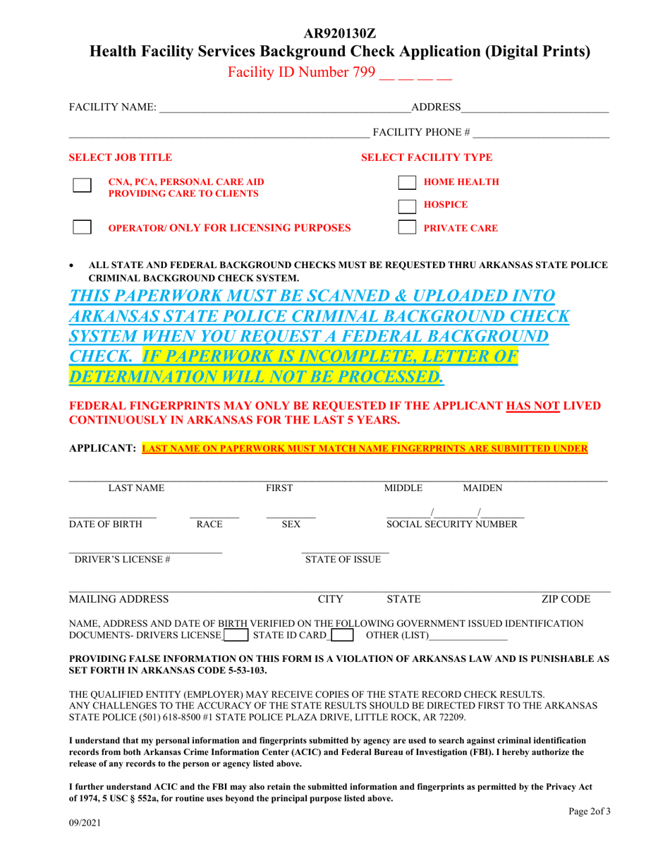 Health Facility Services Background Check Application - Arkansas, Page 2