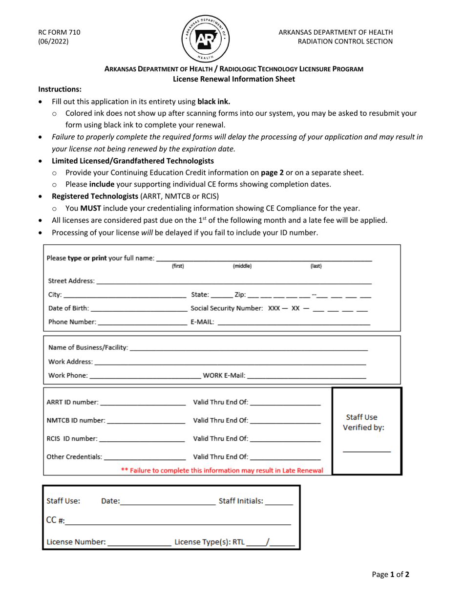 RC Form 710 License Renewal Form - Radiologic Technology Licensure Program - Arkansas, Page 1