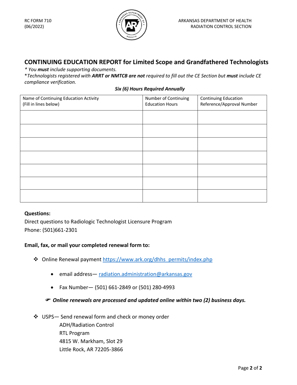 RC Form 710 License Renewal Form - Radiologic Technology Licensure Program - Arkansas, Page 2