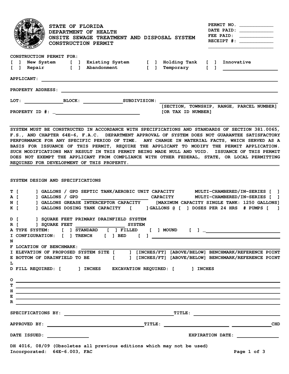 Form DH4016 Page 1 Onsite Sewage Treatment and Disposal System Construction Permit - Florida, Page 1
