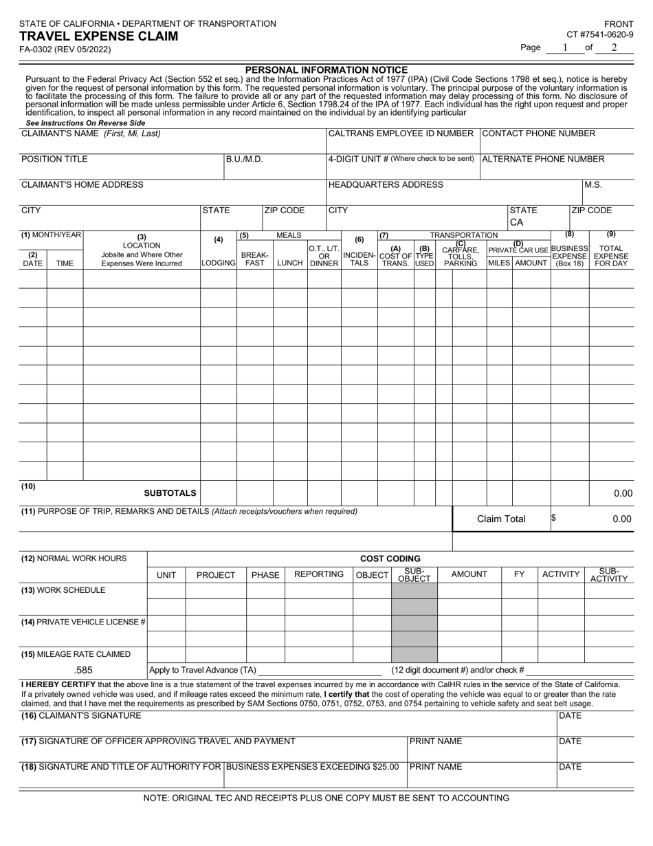 Form FA-0302 Travel Expense Claim - California, Page 1