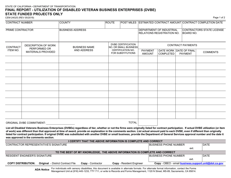 Form CEM-2402S Final Report - Utilization of Disabled Veteran Business Enterprises (Dvbe) State Funded Projects Only - California, Page 1