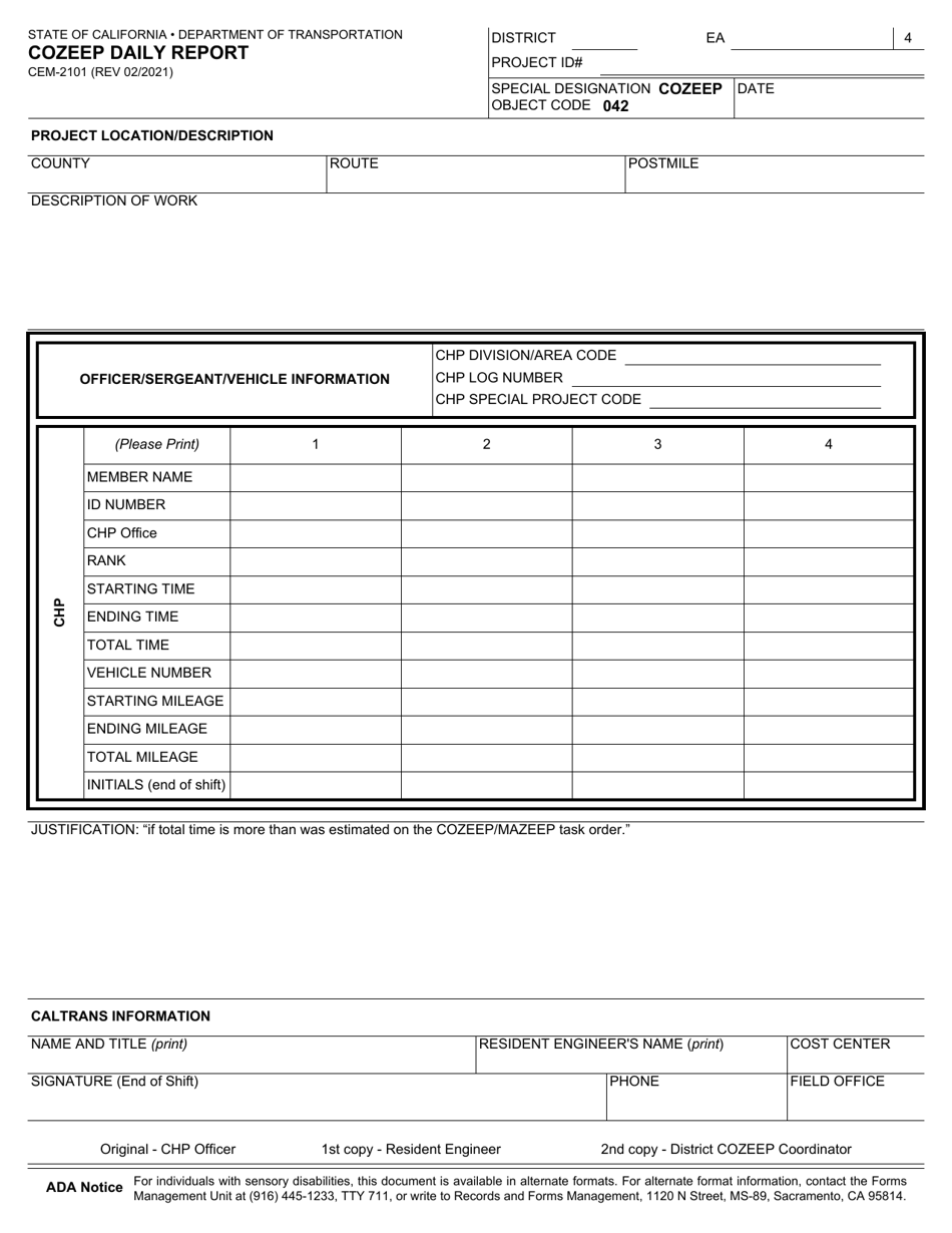 Form CEM-2101 Download Fillable PDF or Fill Online Cozeep Daily Report ...