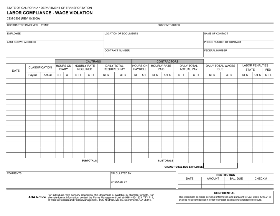 Form Cem-2506 Download Fillable Pdf Or Fill Online Labor Compliance 