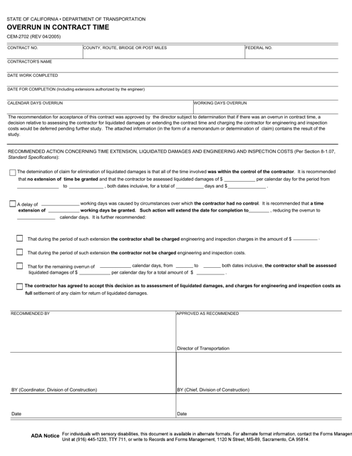 Form CEM-2702 Download Fillable PDF or Fill Online Overrun in Contract ...