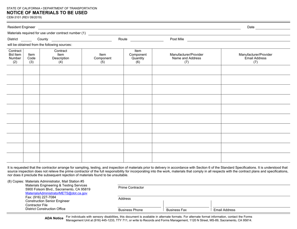 Form CEM-3101 Download Fillable PDF or Fill Online Notice of Materials ...