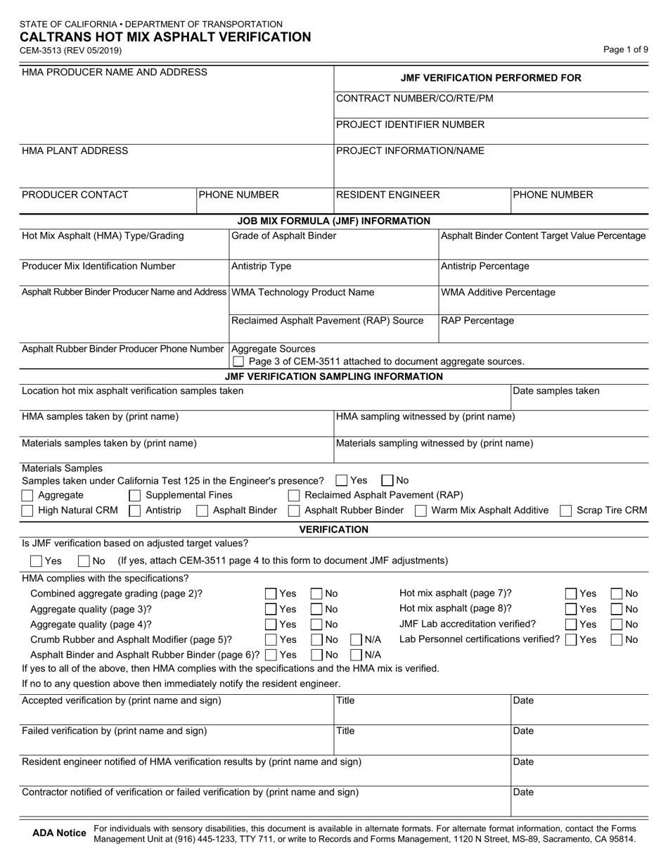 Form CEM3513 Download Fillable PDF or Fill Online Caltrans Hot Mix