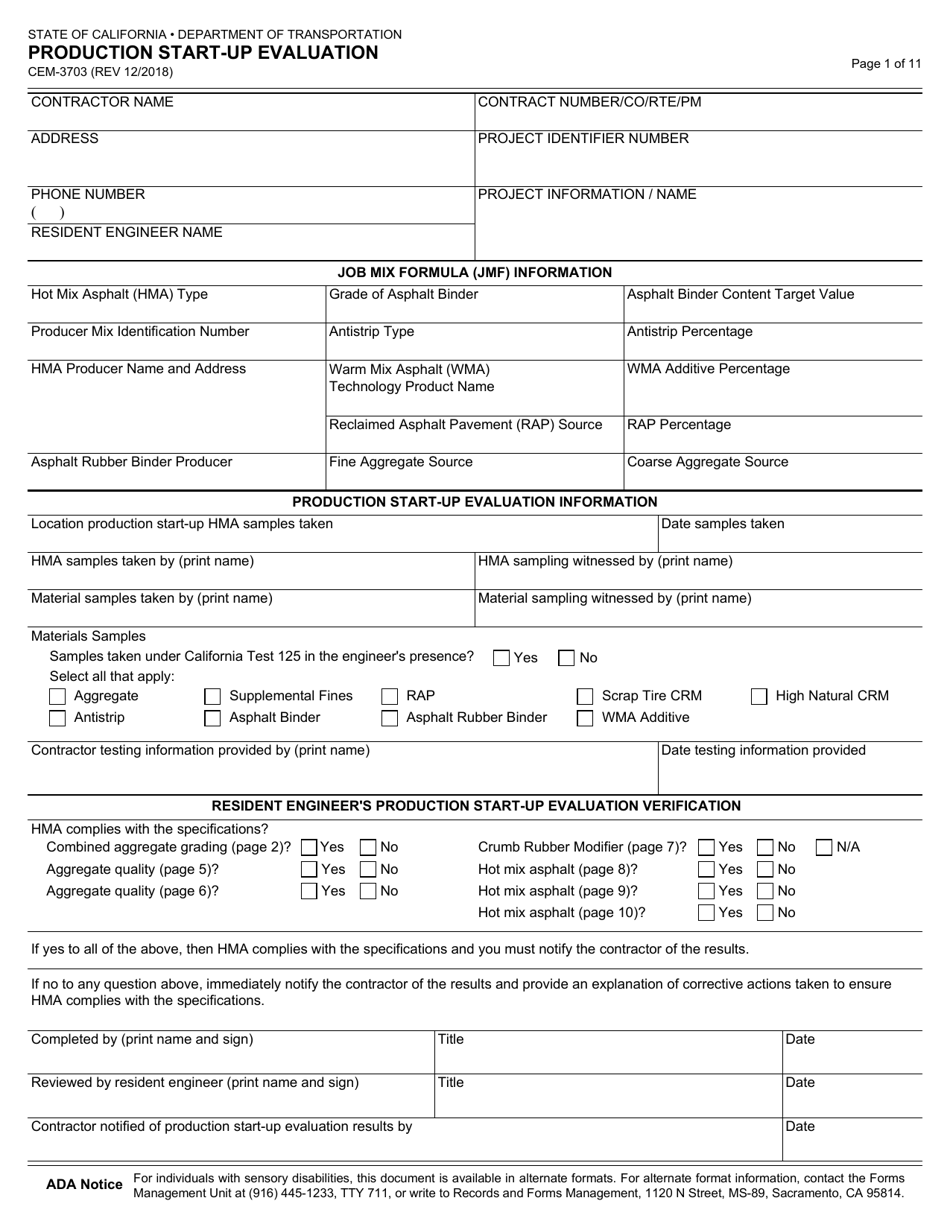 Form Cem-3703 Download Fillable Pdf Or Fill Online Production Start-up 