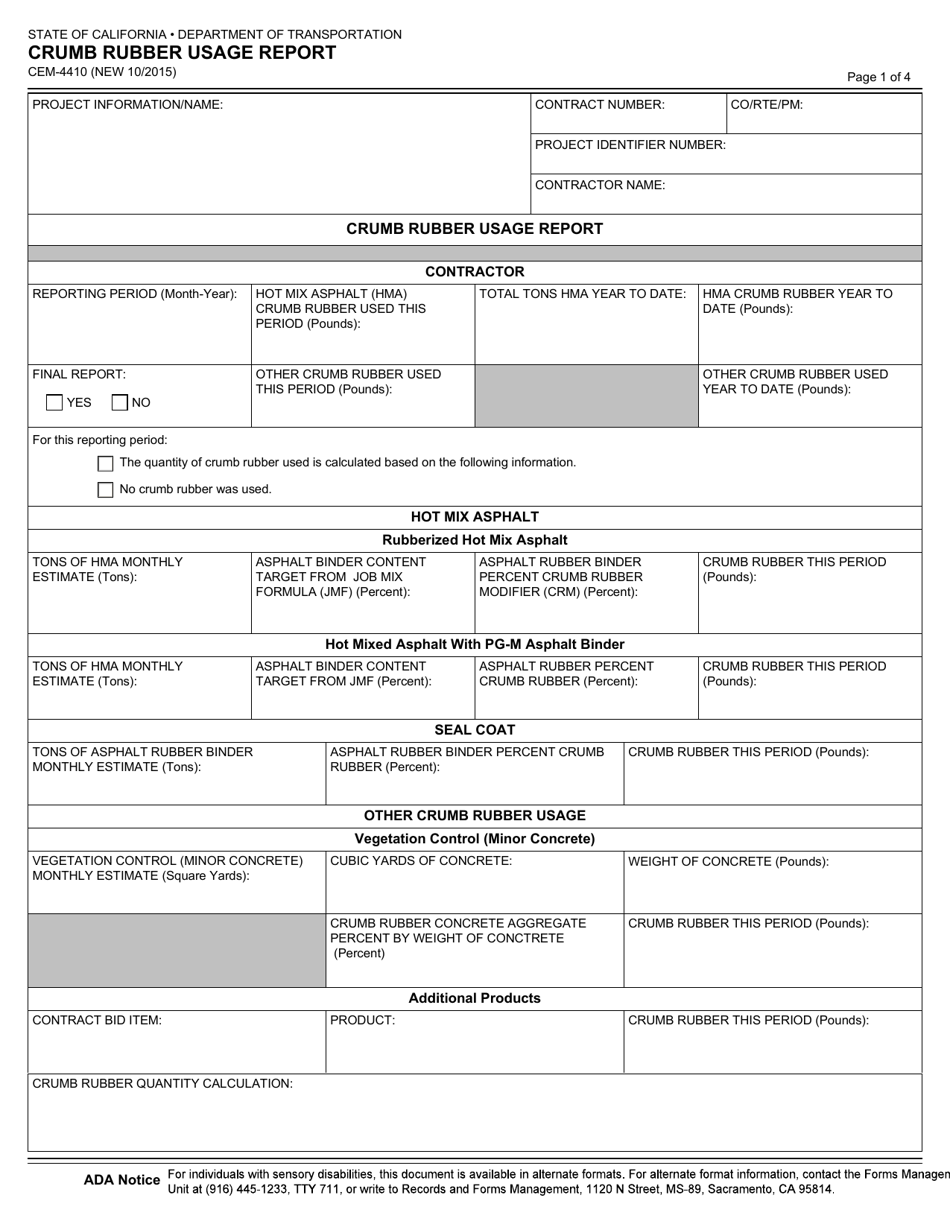 Form CEM-4410 Download Fillable PDF or Fill Online Crumb Rubber Usage ...