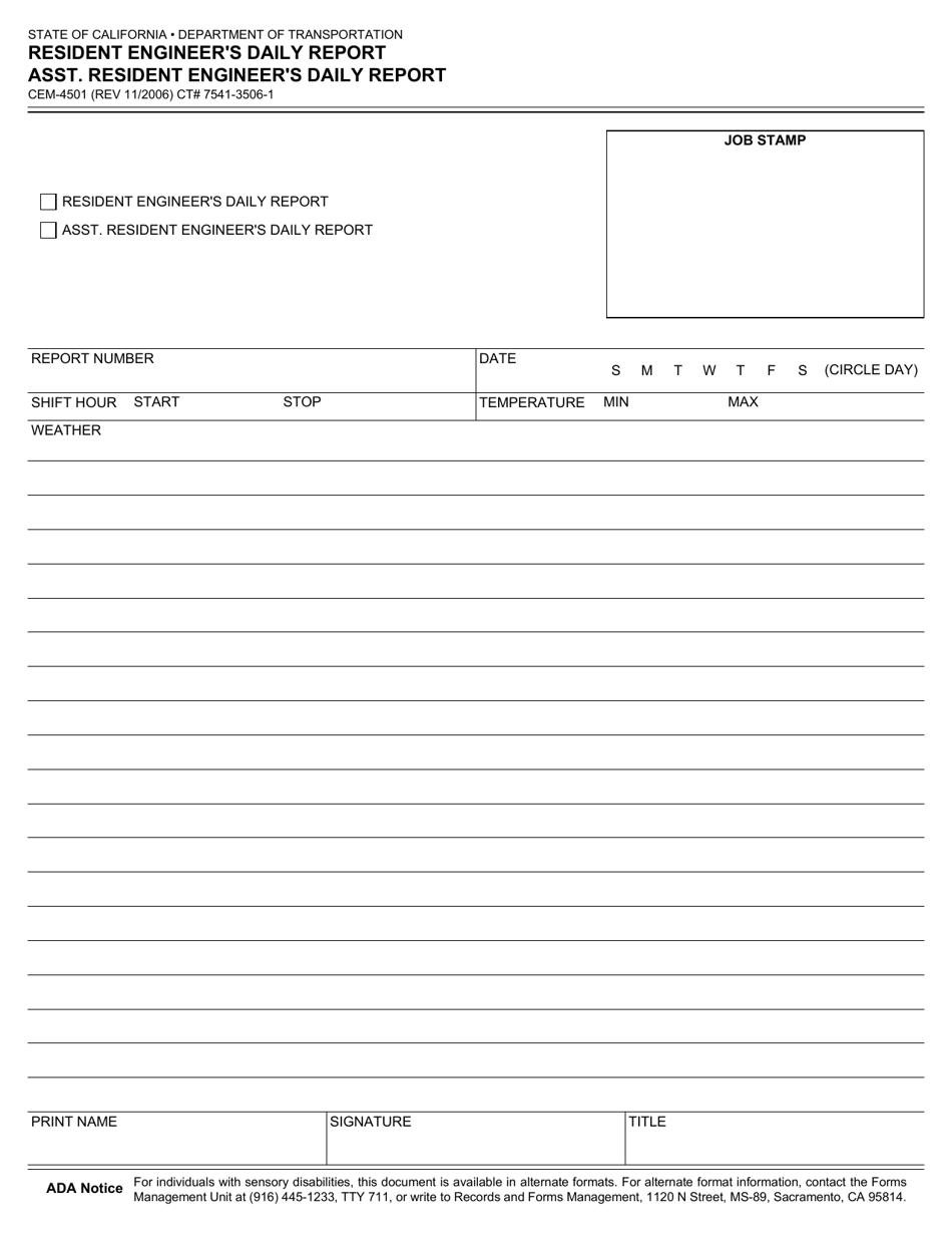 Form CEM-4501 Download Fillable PDF or Fill Online Resident Engineer's ...