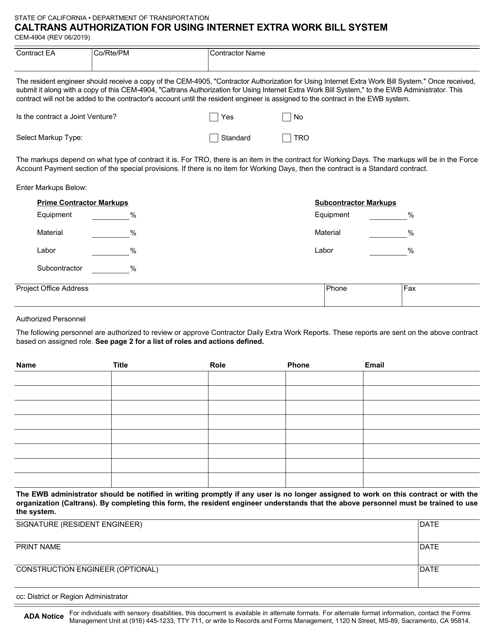 Form CEM-4904 Download Fillable PDF or Fill Online Caltrans ...