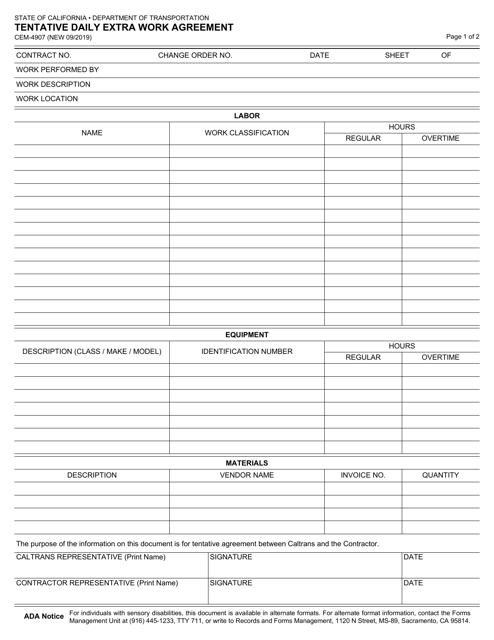 Document preview: Form CEM-4907 Tentative Daily Extra Work Agreement - California