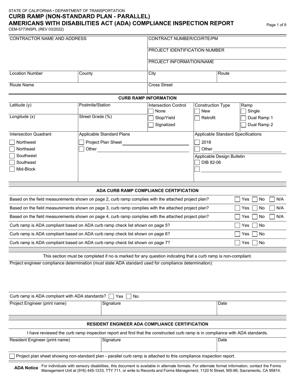 Form CEM-5773NSPL Curb Ramp (Non-standard Plan - Parallel) Americans With Disabilities Act (Ada) Compliance Inspection Report - California, Page 1