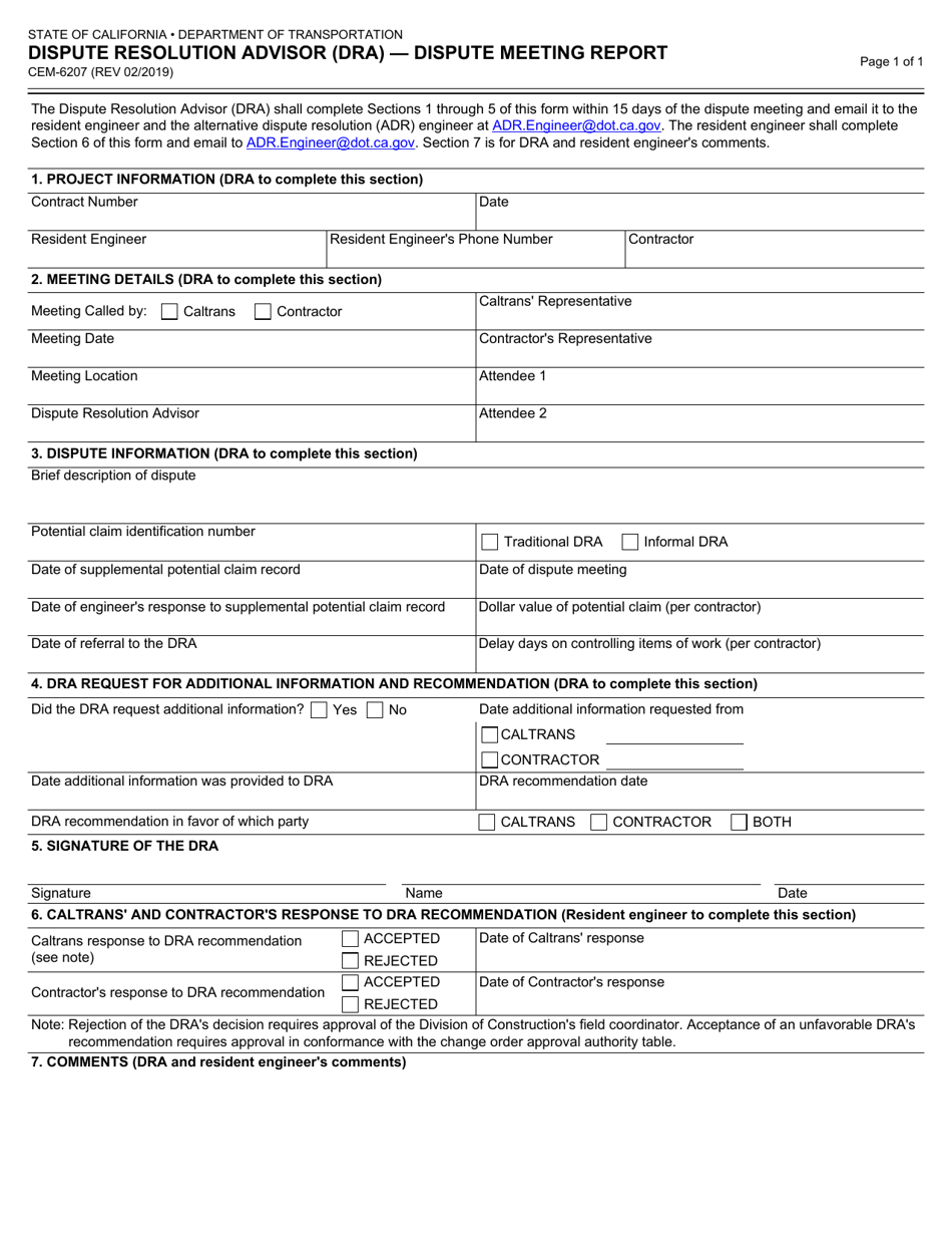 Form CEM-6207 Dispute Resolution Advisor (Dra) - Dispute Meeting Report - California, Page 1