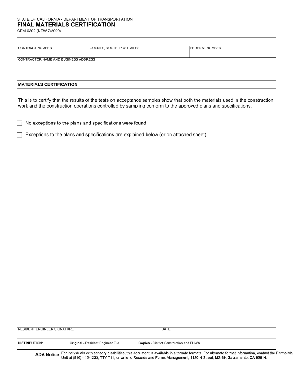 Form CEM-6302 Final Materials Certification - California, Page 1