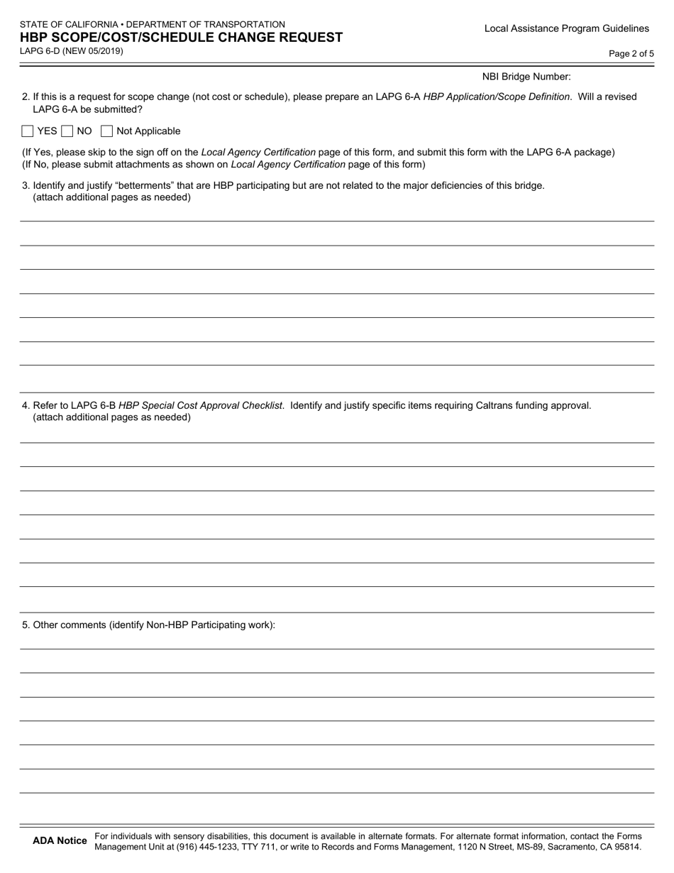 Form LAPG6-D Hbp Scope / Cost / Schedule Change Request - California, Page 2