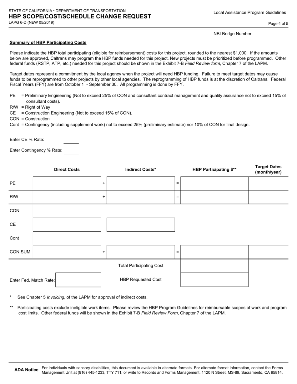 Form LAPG6-D Hbp Scope / Cost / Schedule Change Request - California, Page 4