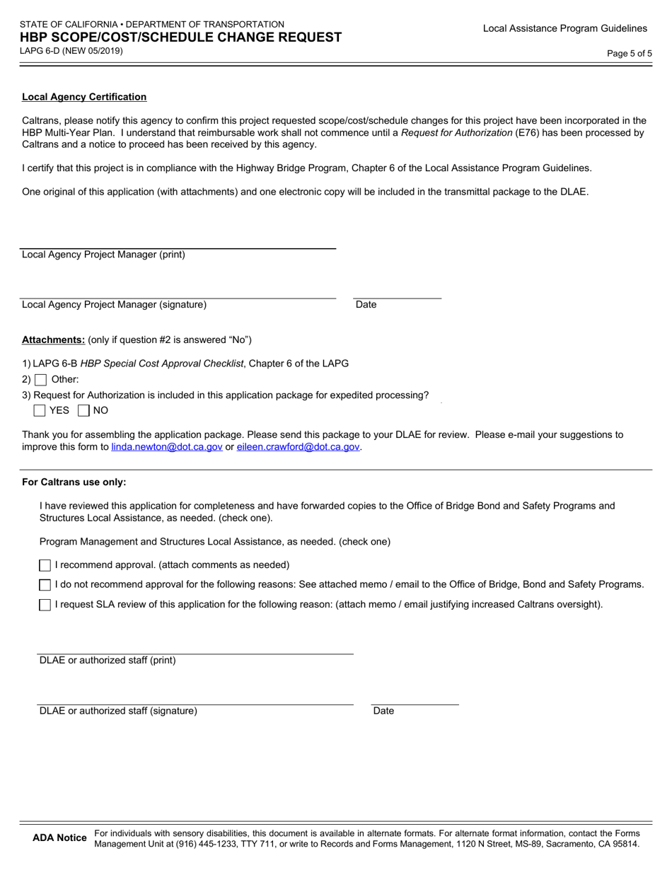 Form LAPG6-D Hbp Scope / Cost / Schedule Change Request - California, Page 5