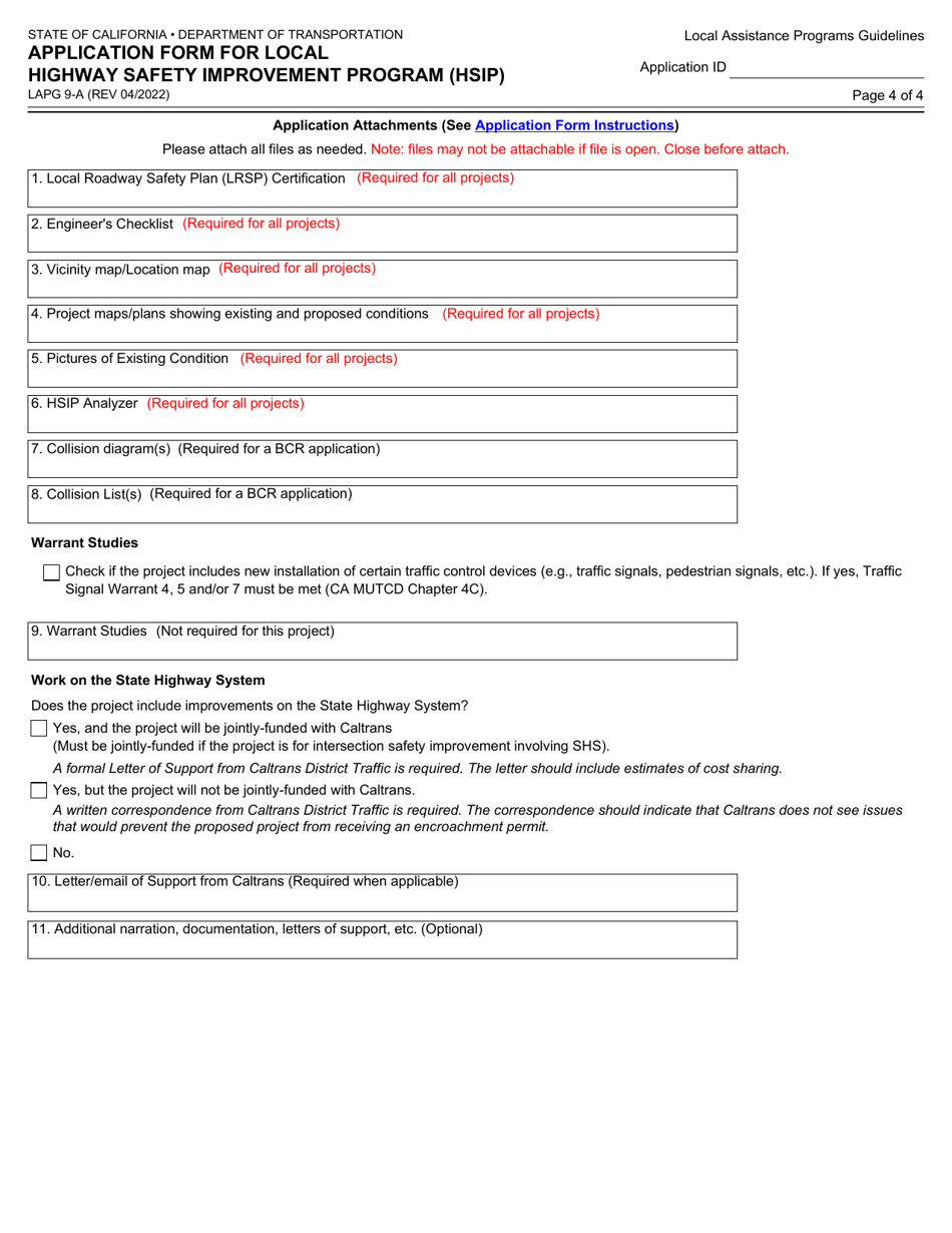 Form LAPG9-A Application Form for Local Highway Safety Improvement Program (Hsip) - California, Page 4
