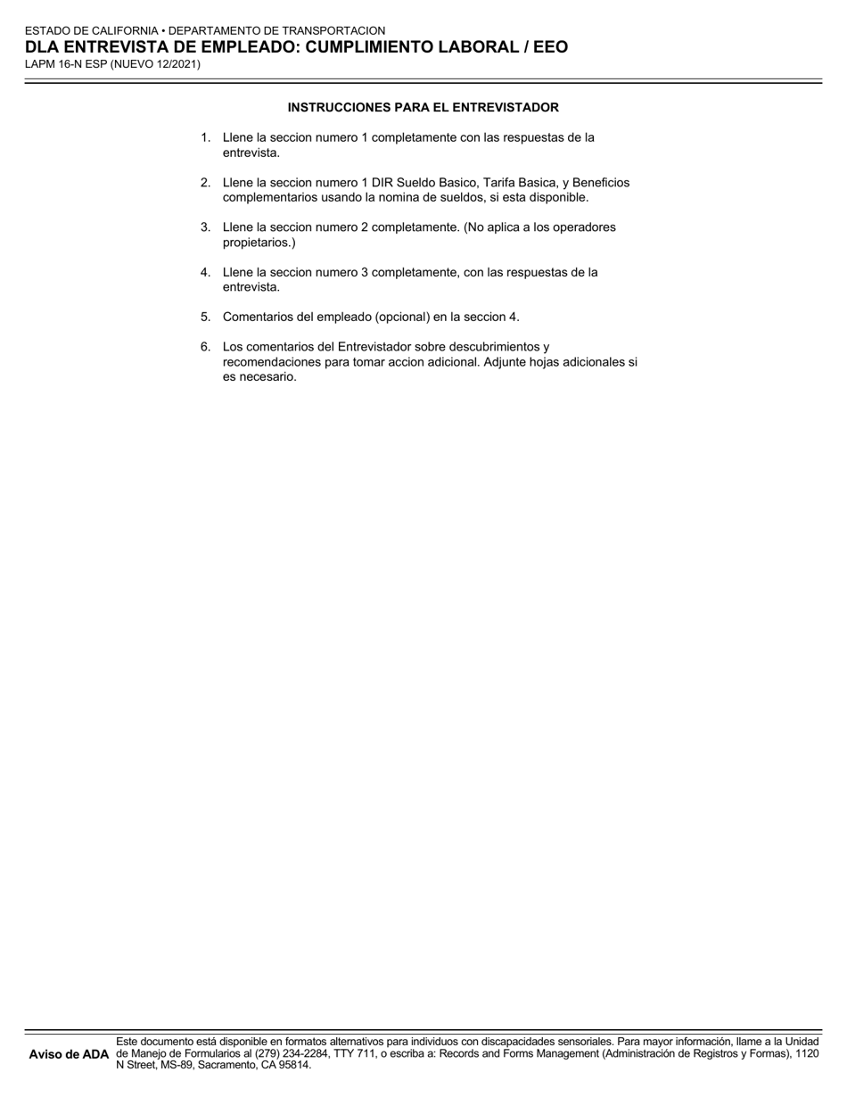 Formulario LAPM16-N ESP Dla Entrevista De Empleado: Cumplimiento Laboral / Eeo - California (Spanish), Page 2