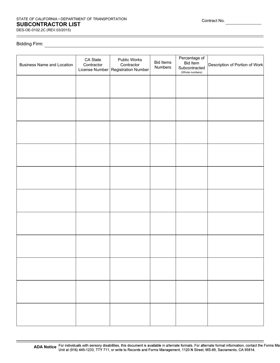 Form Des-oe-0102.2c Download Fillable Pdf Or Fill Online Subcontractor 