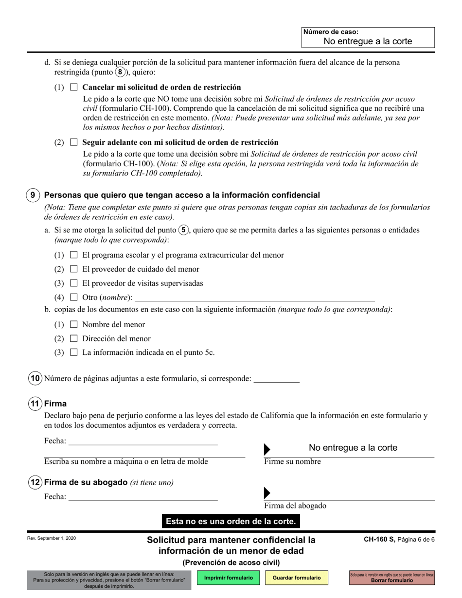 Formulario CH-160 Solicitud Para Mantener Confidencial La Informacion De Un Menor De Edad - California (Spanish), Page 6