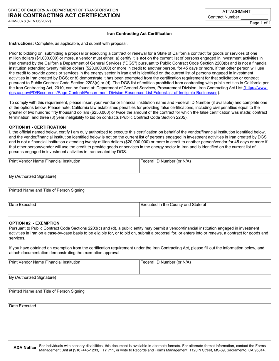 Form ADM-0078 Download Fillable PDF or Fill Online Iran Contracting Act ...