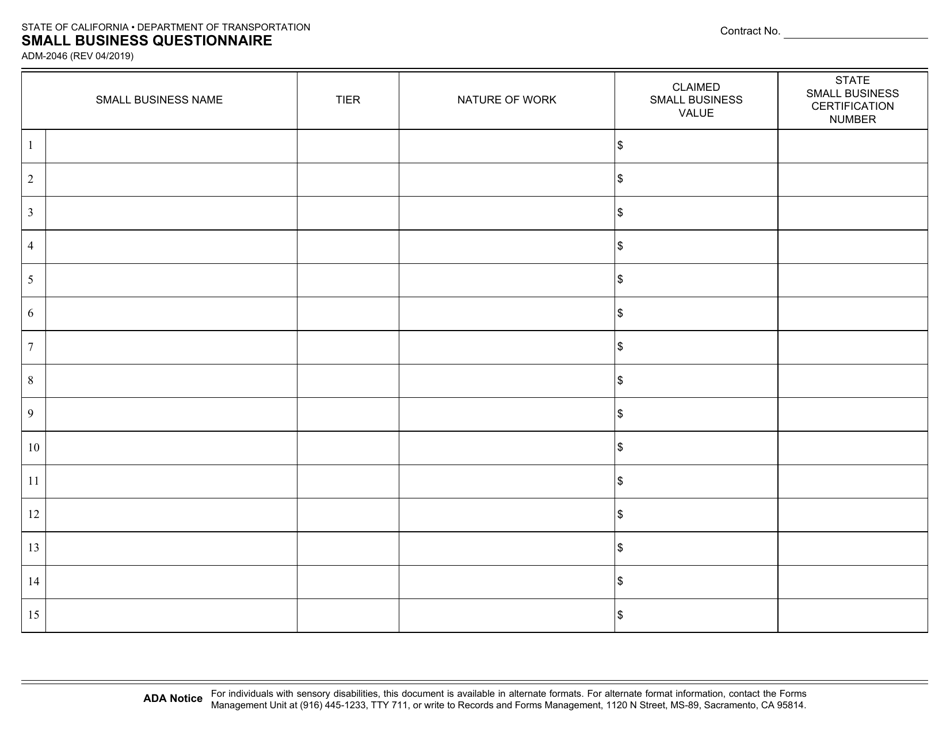 Form ADM-2046 Small Business Questionnaire - California, Page 1