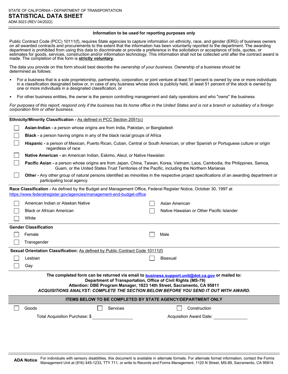 Form ADM-3023 Statistical Data Sheet - California, Page 1