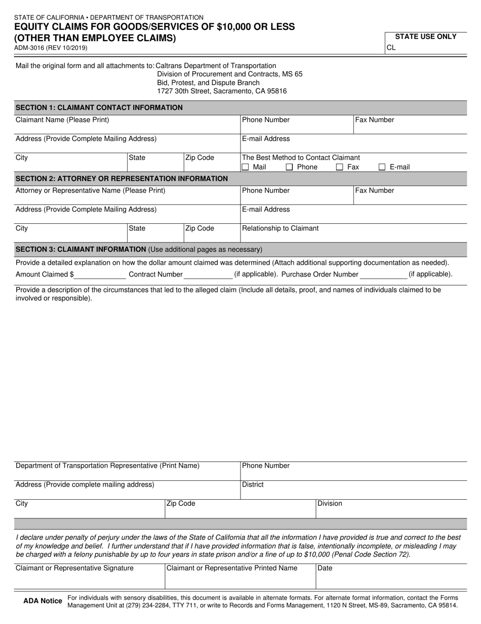 Form ADM-3016 Equity Claims for Goods / Services of $10,000 or Less (Other Than Employee Claims) - California, Page 1
