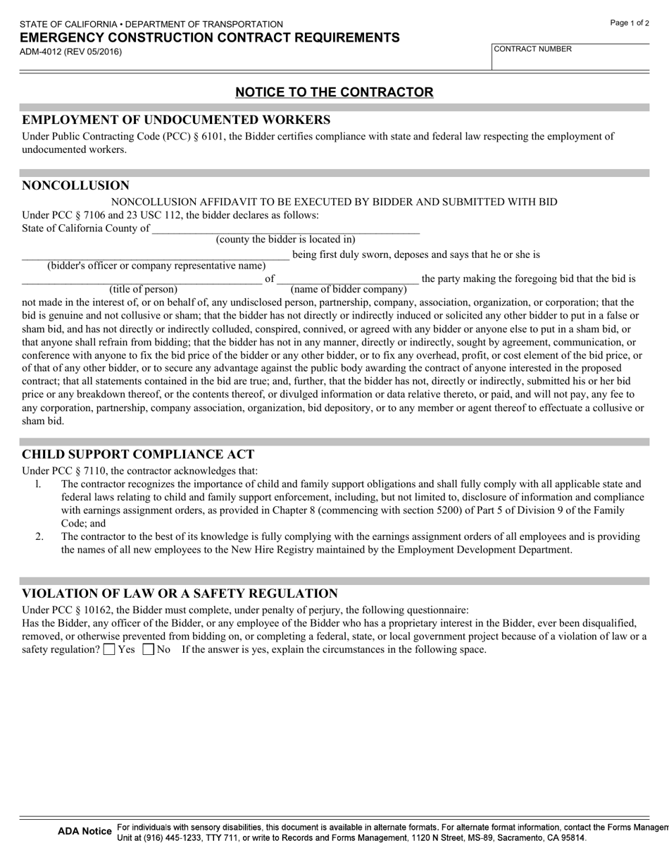 Form ADM-4012 Emergency Construction Contract Requirements - California, Page 1