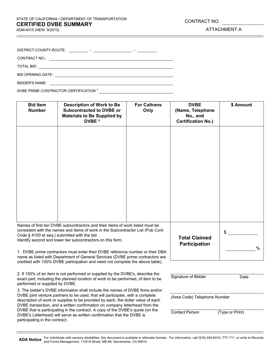Form ADM-4015 Attachment A Certified Dvbe Summary - California, Page 1
