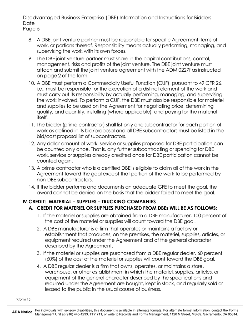 K Form 15 Notice to Bidders / Proposers - Disadvantaged Business Enterprise (Dbe) Program and Dbe Participation Goal - California, Page 5
