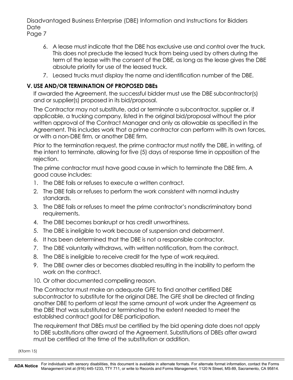 K Form 15 Notice to Bidders / Proposers - Disadvantaged Business Enterprise (Dbe) Program and Dbe Participation Goal - California, Page 7