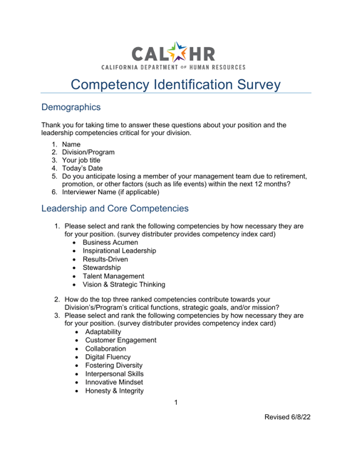 Competency Identification Survey - California
